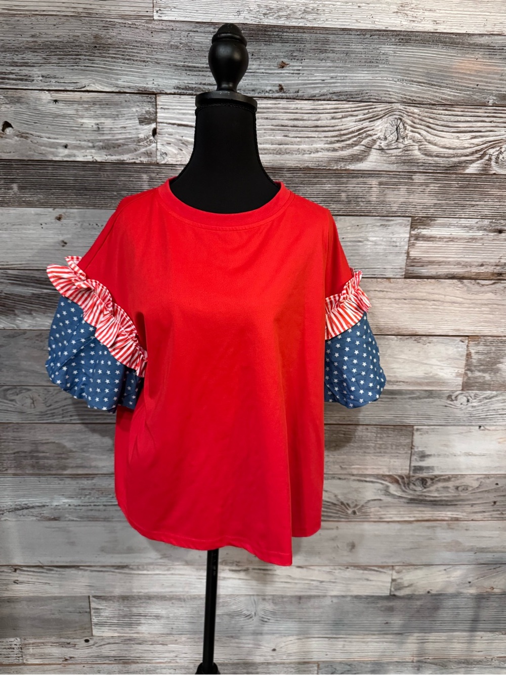 Amazon Red Top with Blue Star and Stripe Ruffle Sleeves - Picture 2 of 9